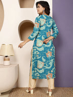 Blue Printed Embroidered Rayon Kurti Top ( Top Only)