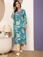 Blue Printed Embroidered Rayon Kurti Top ( Top Only)