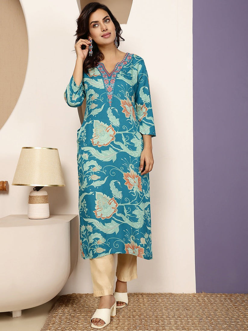 Blue Printed Embroidered Rayon Kurti Top ( Top Only)