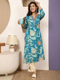 Blue Printed Embroidered Rayon Kurti Top ( Top Only)