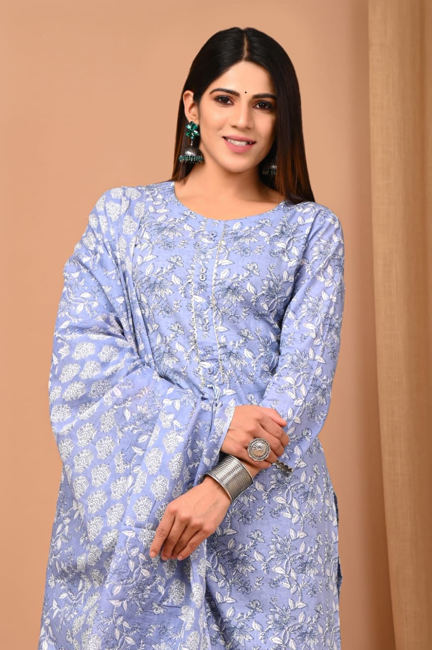 Light blue cotton printed kurti set