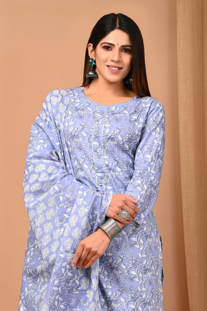 Light blue cotton printed kurti set