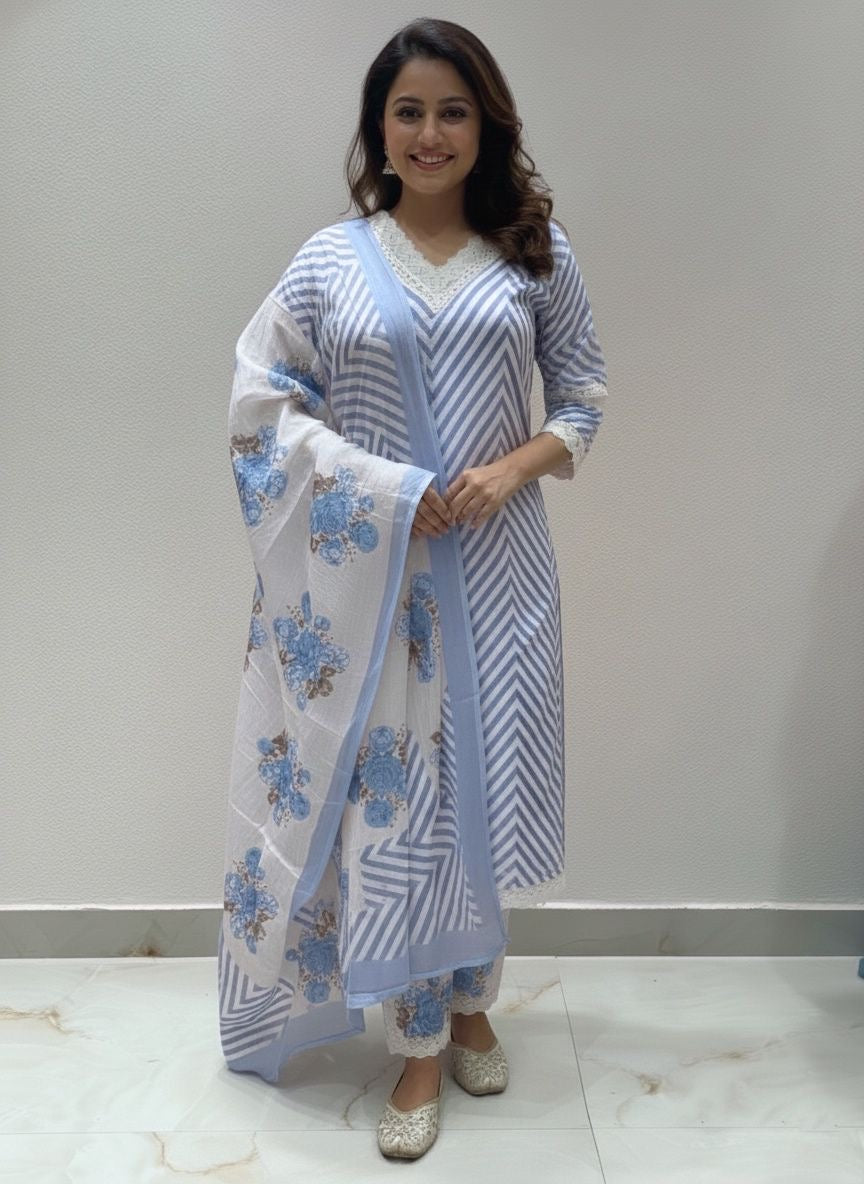 Pure Cotton Printed Lace Embroidered  Kurti Set