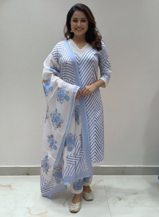 Pure Cotton Printed Lace Embroidered  Kurti Set