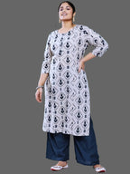 Grey Blue Printed Cotton Kurti Palazo Set (S to 4XL)