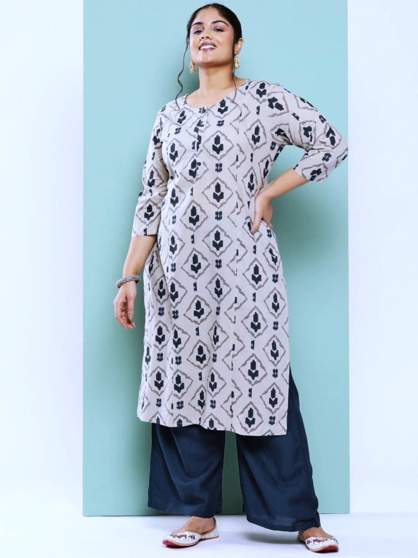 Grey Blue Printed Cotton Kurti Palazo Set (S-4XL)