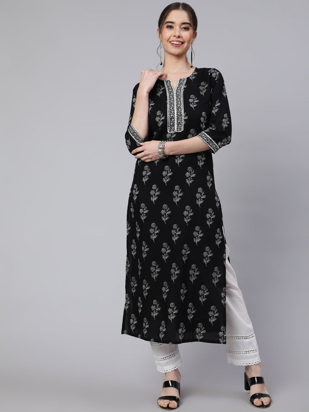 Black Printed Cotton Kurti Top (Top Only)