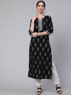 Black Printed Cotton Kurti Top (Top Only)