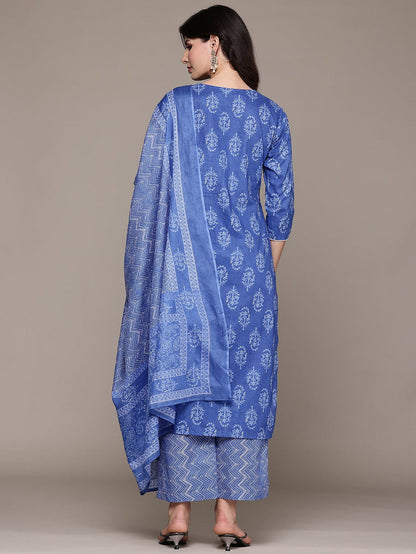 Blue Printed Kurta Palazzo Set with Dupatta
