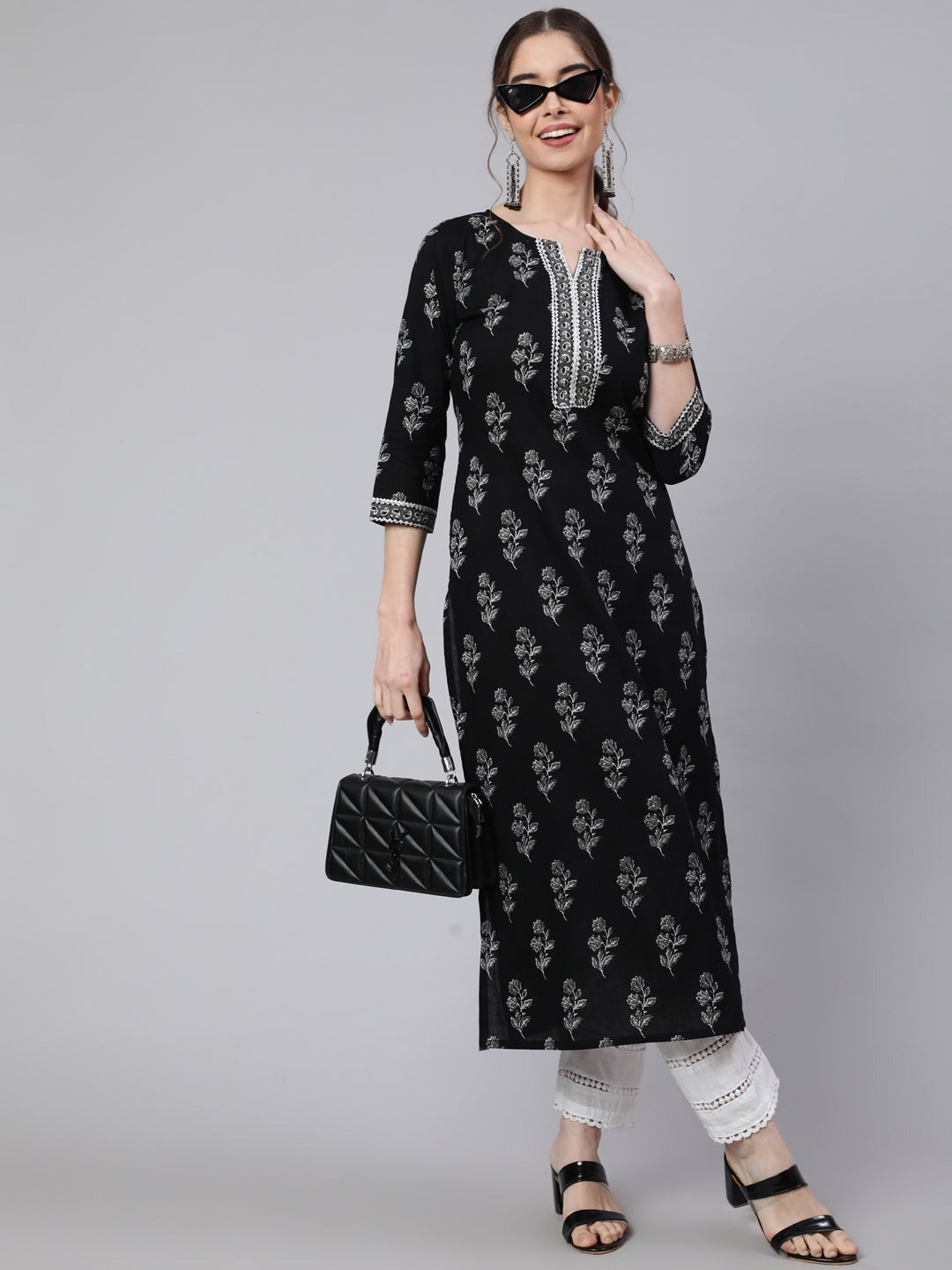Black Printed Cotton Kurti Top (Top Only)