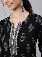 Black Printed Cotton Kurti Top (Top Only)