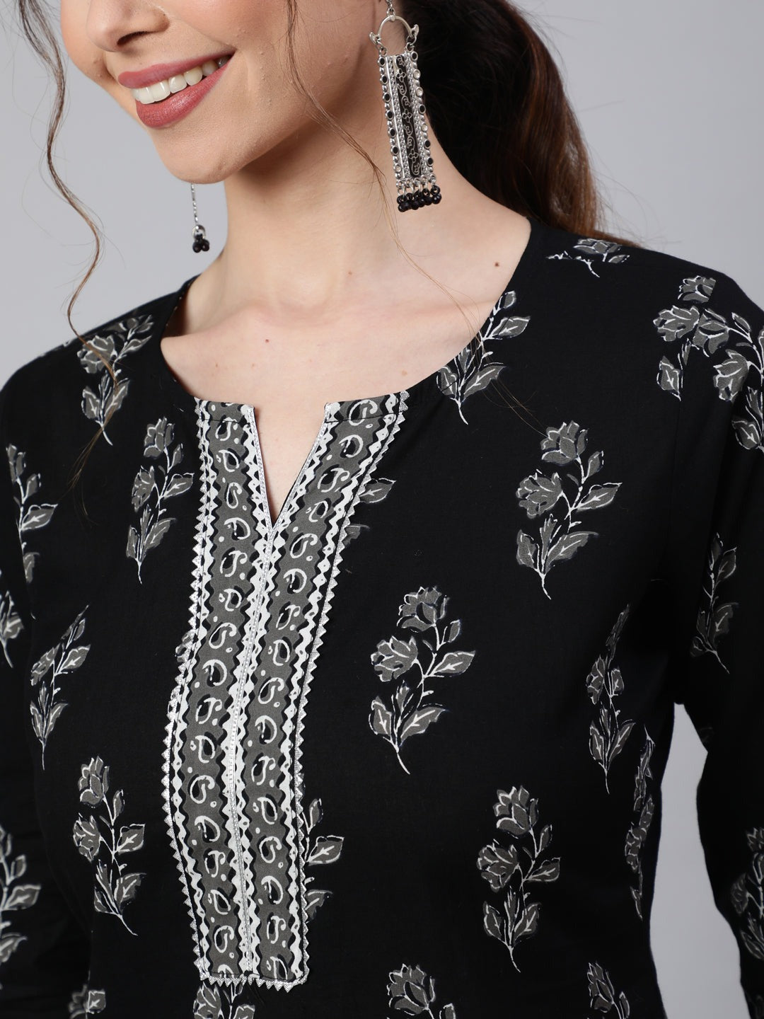 Black Printed Cotton Kurti Top (Top Only)