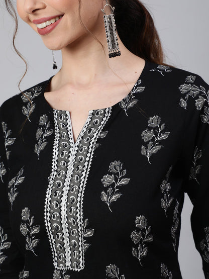 Black Printed Cotton Kurti Top (Top Only)