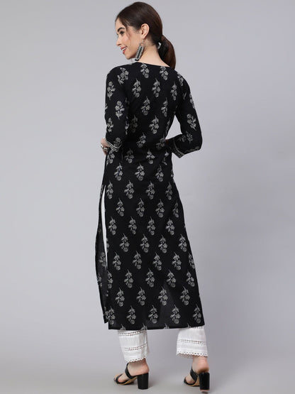Black Printed Cotton Kurti Top (Top Only)