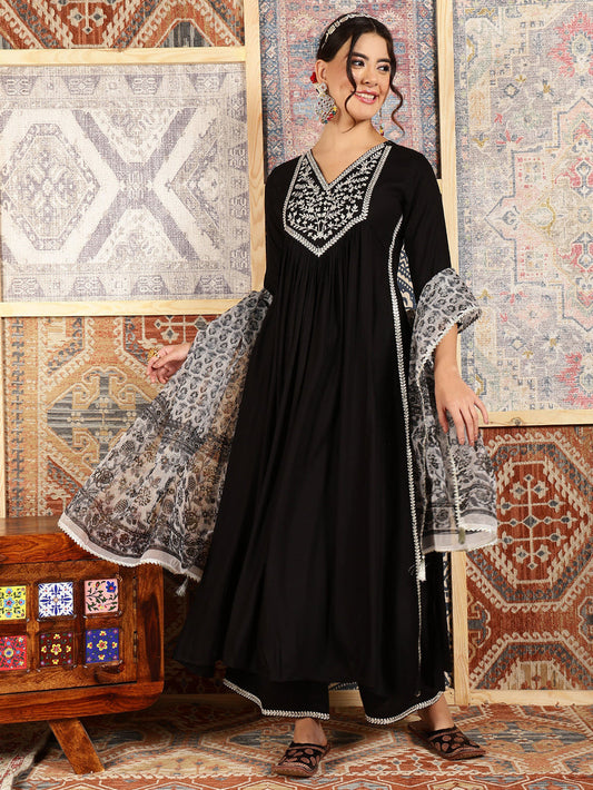 Black Zari embroidered Rayon Kurti Set with Dupatta