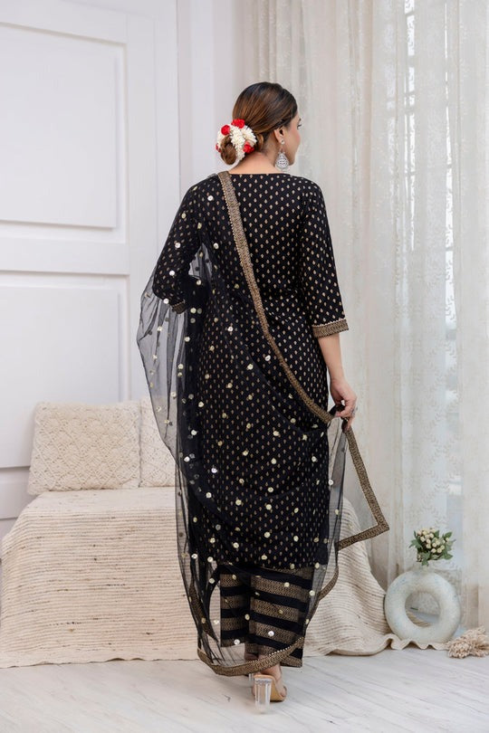 Black  Gold Foil Printed Kurti Set With Dupatta