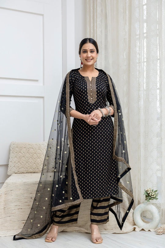 Black  Gold Foil Printed Kurti Set With Dupatta