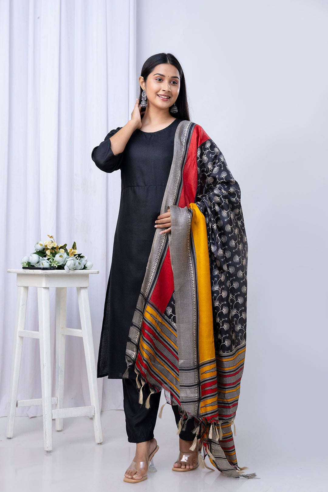 Solid Black Kurti Pants with Printed Dupatta