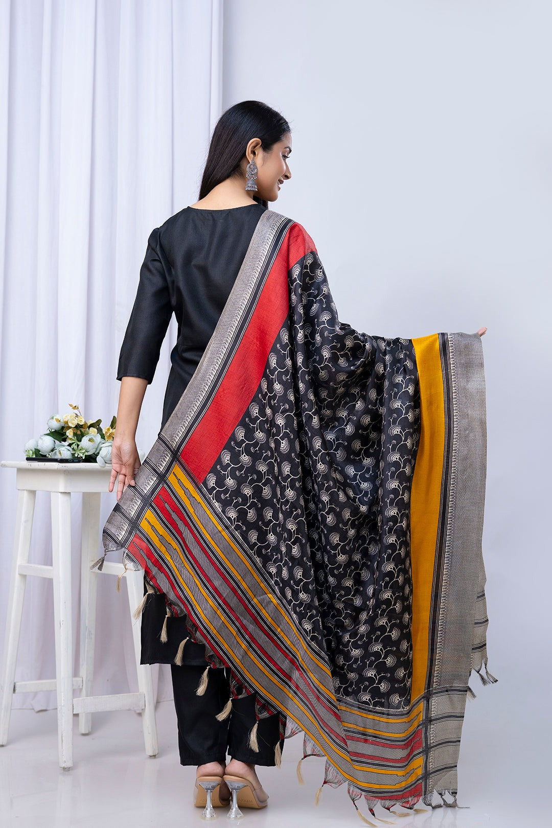 SolidBlack Kurti Pants with Printed Dupatta