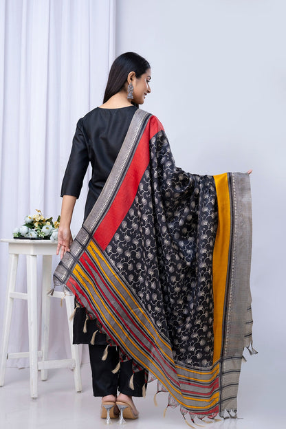 SolidBlack Kurti Pants with Printed Dupatta