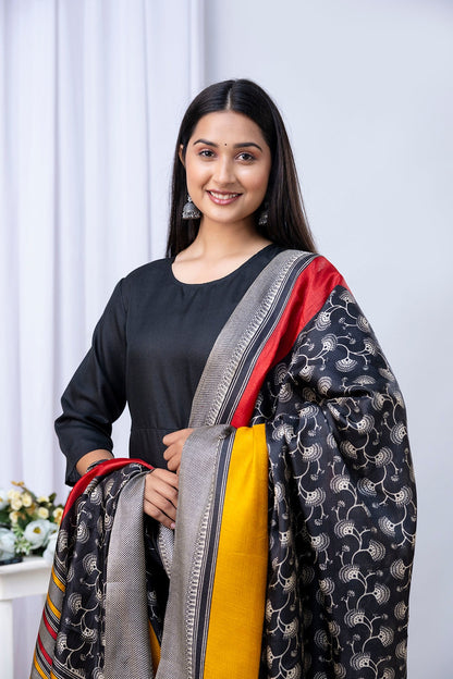 SolidBlack Kurti Pants with Printed Dupatta