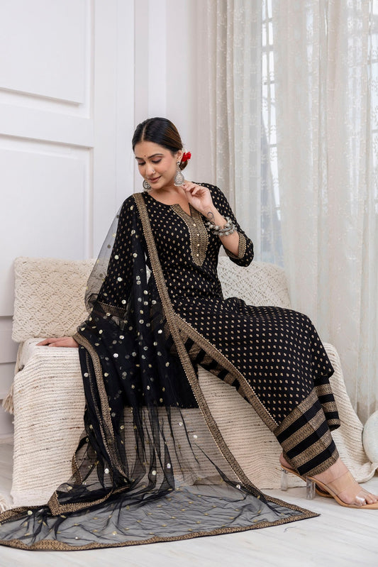Black  Gold Foil Printed Kurti Set With Dupatta