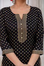 Black  Gold Foil Printed Kurti Set With Dupatta