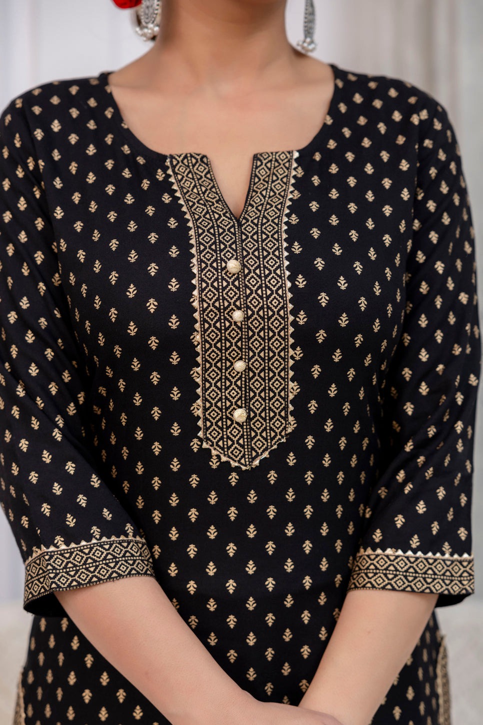 Black  Gold Foil Printed Kurti Set With Dupatta