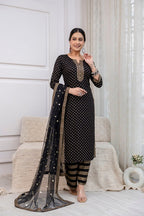 Black  Gold Foil Printed Kurti Set With Dupatta