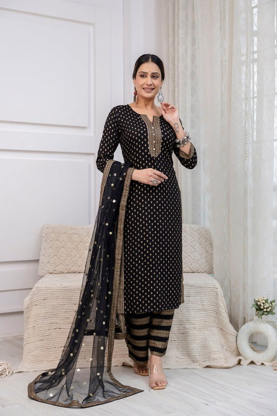 Black  Gold Foil Printed Kurti Set With Dupatta
