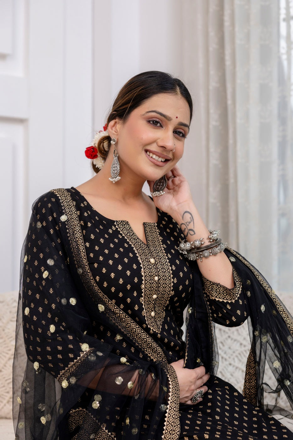 Black  Gold Foil Printed Kurti Set With Dupatta