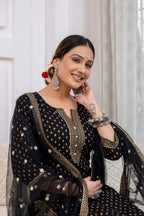 Black  Gold Foil Printed Kurti Set With Dupatta
