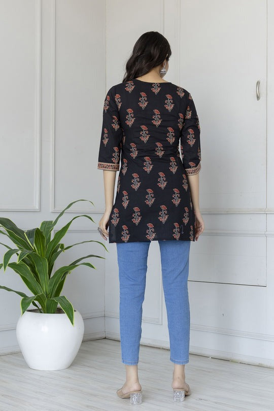 Black Maroon Floral Printed Cotton Short Kurti Top