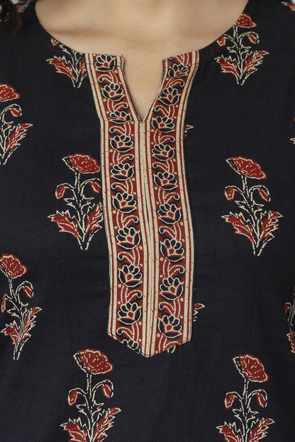 Black Maroon Floral Printed Cotton Short Kurti Top