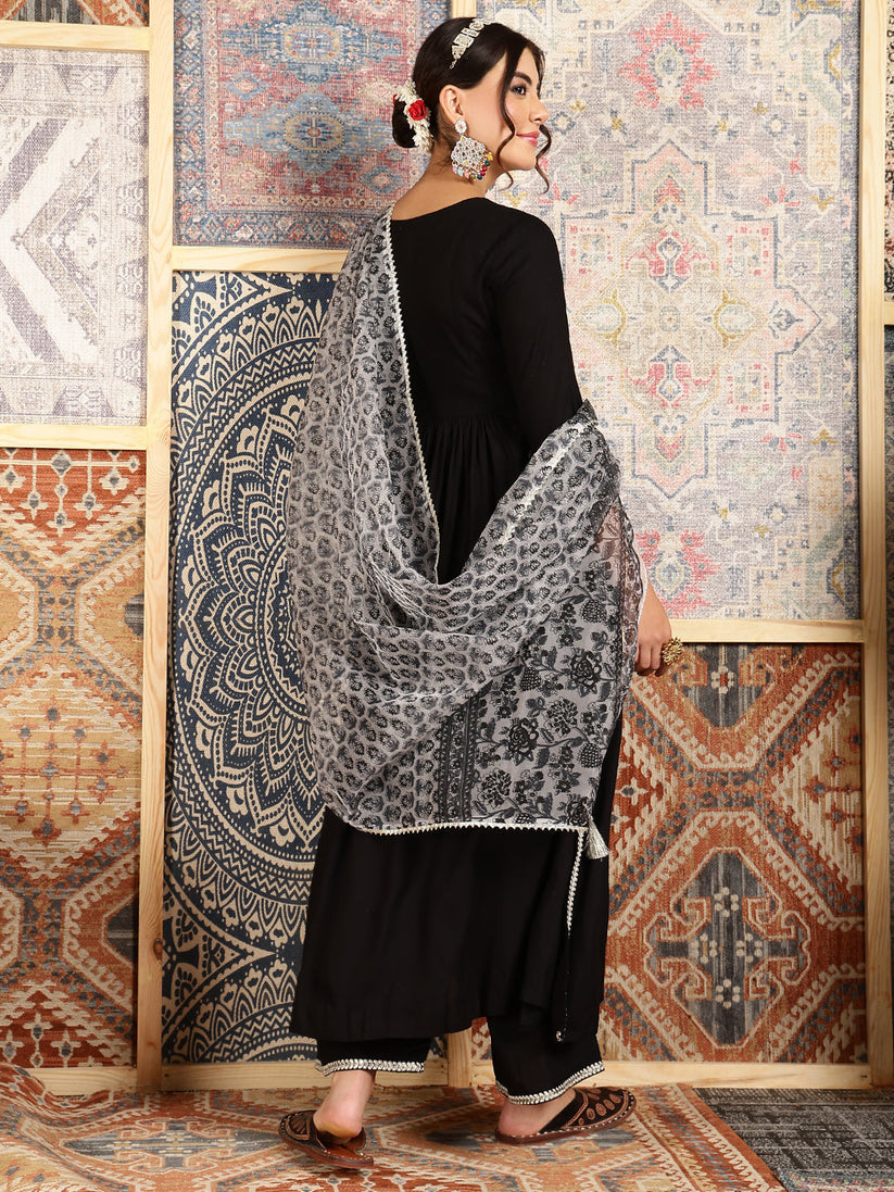 Black Zari embroidered Rayon Kurti Set with Dupatta