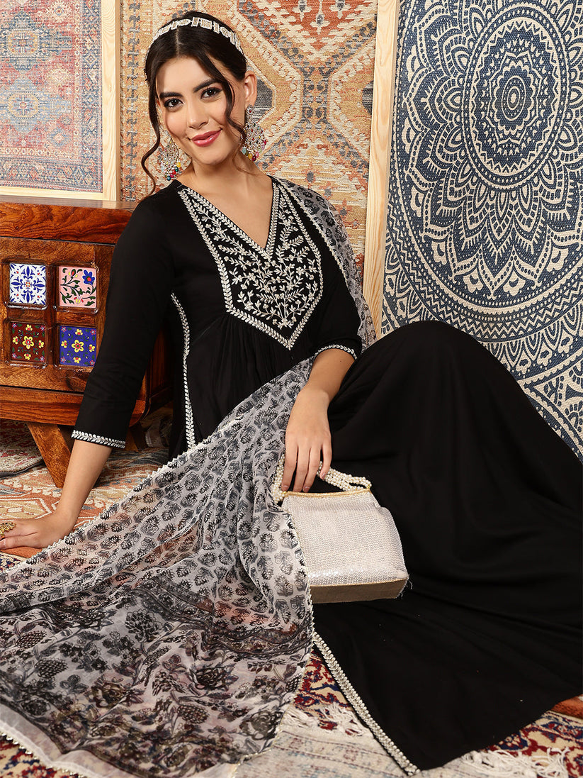 Black Zari embroidered Rayon Kurti Set with Dupatta
