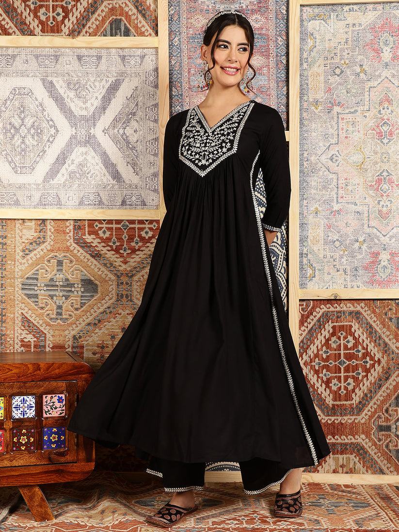 Black Zari embroidered Rayon Kurti Set with Dupatta