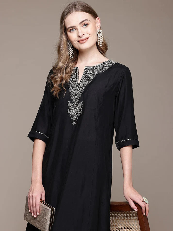 Black Silver Zari Embroidered Silk Kurti With Pants Set
