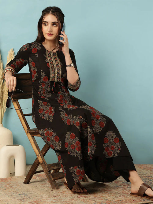 Black Floral Printed Cotton Kurti Plazzo Set