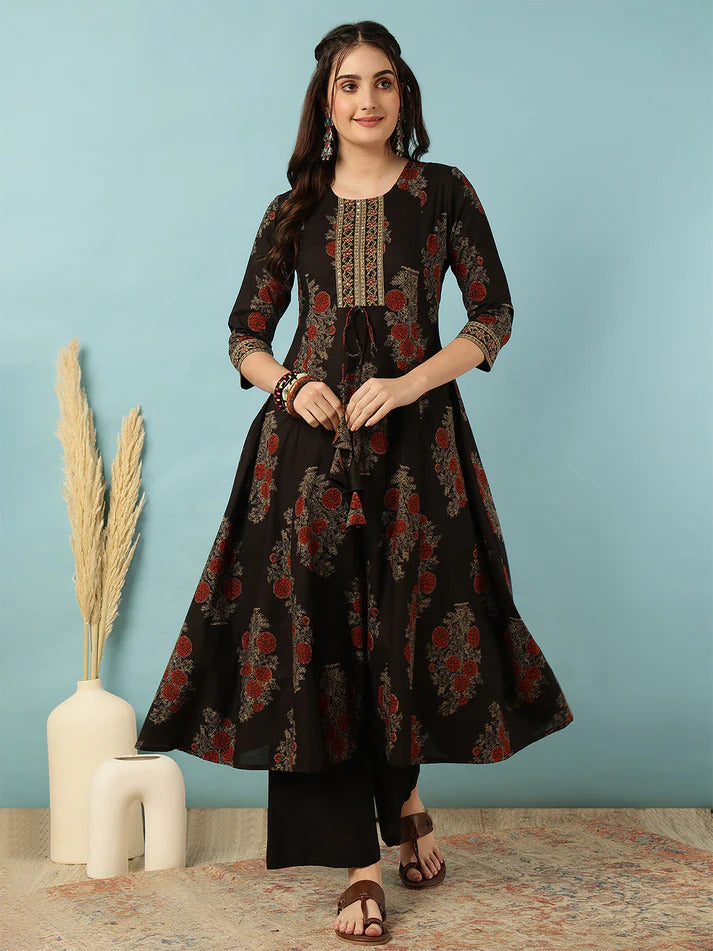 Black Floral Printed Cotton Kurti Plazzo Set