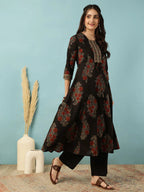 Black Floral Printed Cotton Kurti Plazzo Set