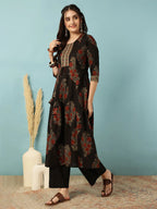 Black Floral Printed Cotton Kurti Plazzo Set