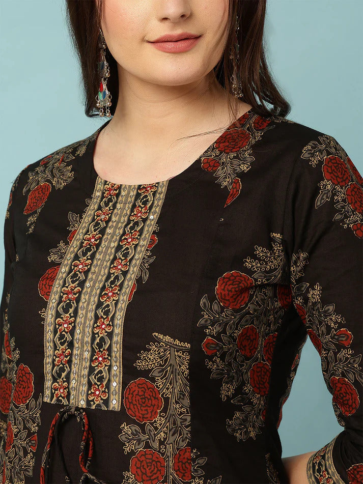 Black Floral Printed Cotton Kurti Plazzo Set