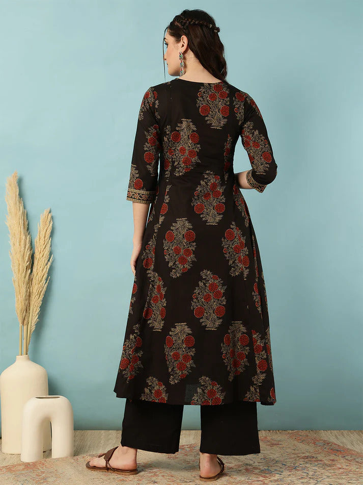 Black Floral Printed Cotton Kurti Plazzo Set