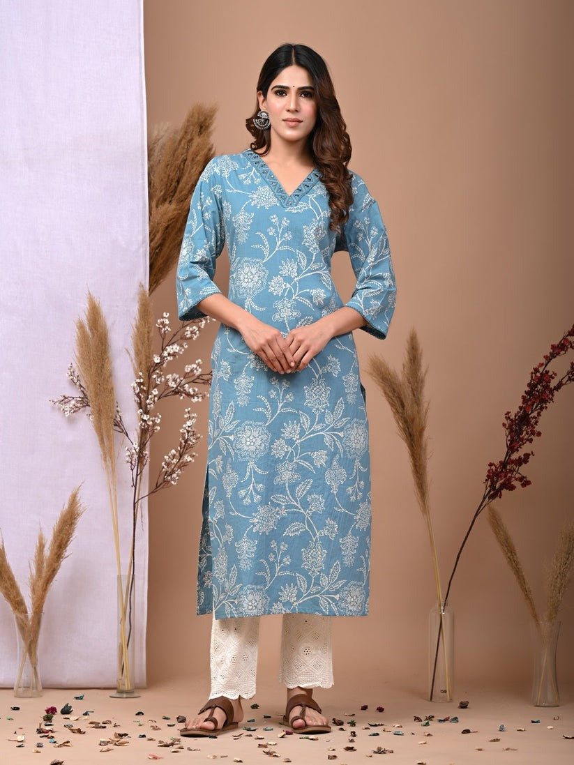 Floral Printed Cotton Kurti Top (Top Only)