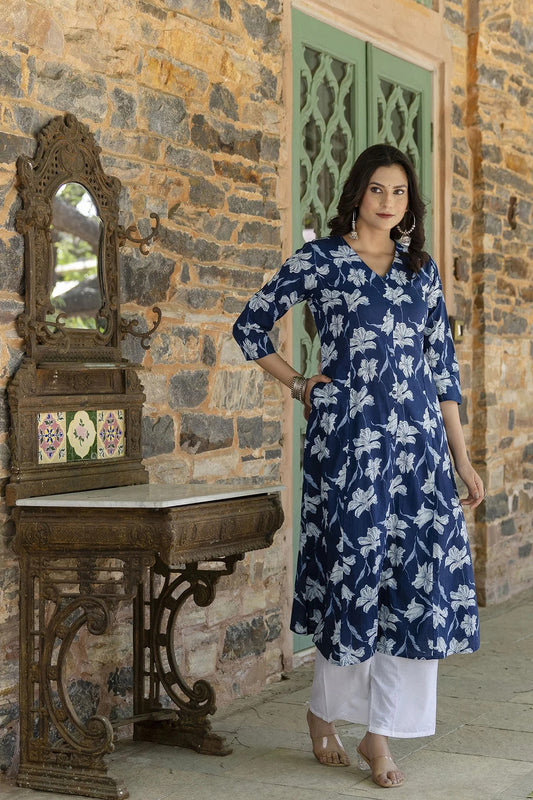 Blue Floral Printed cotton Princess Cut A-Line Kurti Top ( Top Only)