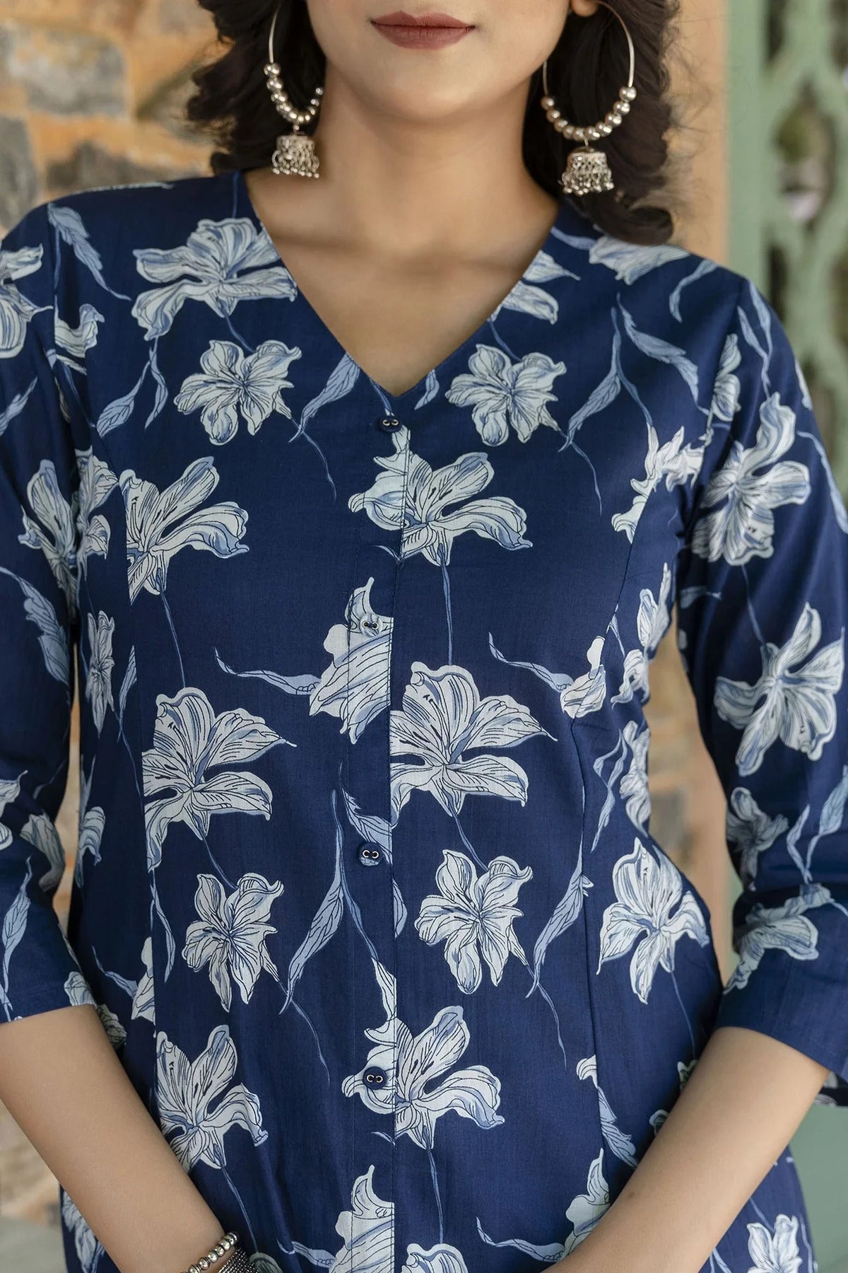 Blue Floral Printed cotton Princess Cut A-Line Kurti Top ( Top Only)