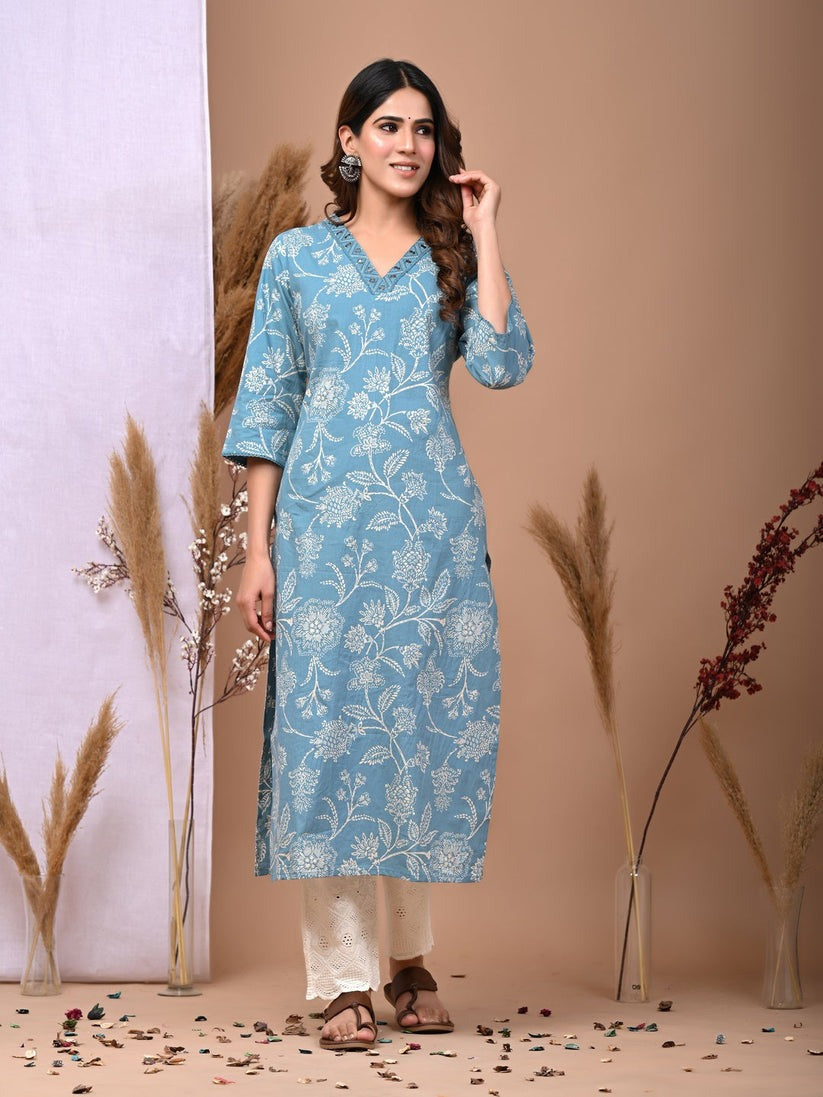 Floral Printed Cotton Kurti Top (Top Only)