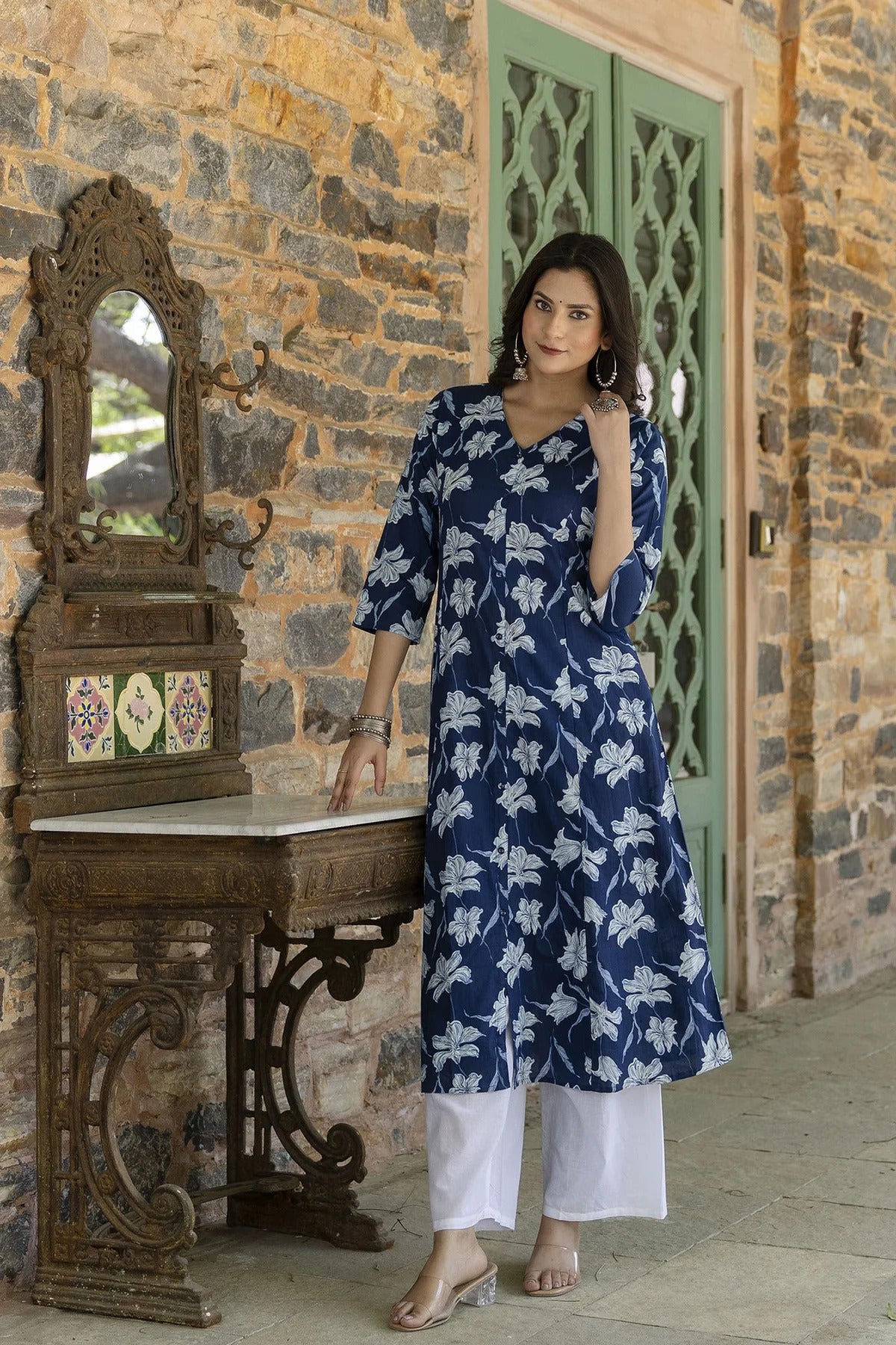 Blue Floral Printed cotton Princess Cut A-Line Kurti Top ( Top Only)