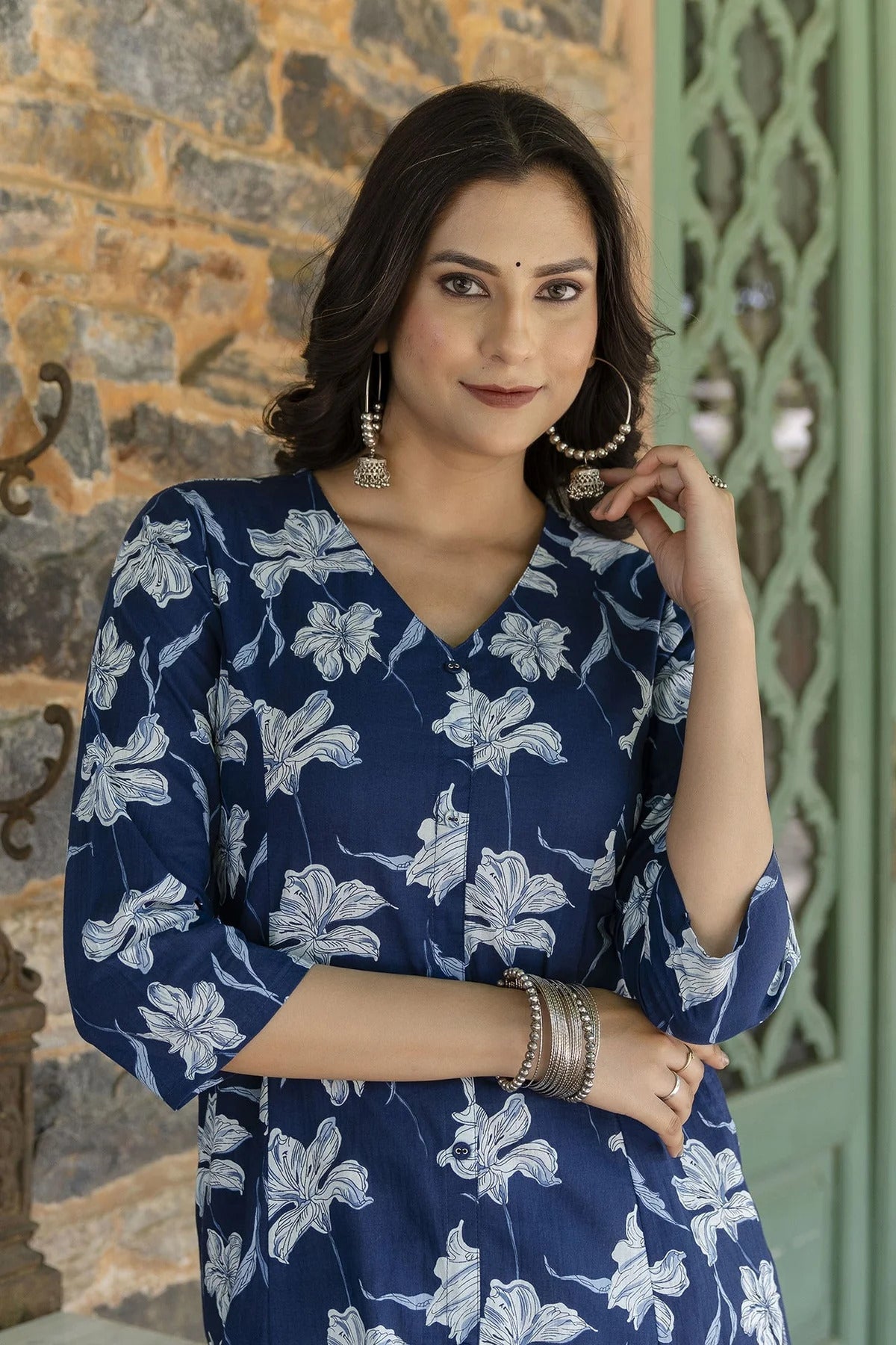 Blue Floral Printed cotton Princess Cut A-Line Kurti Top ( Top Only)